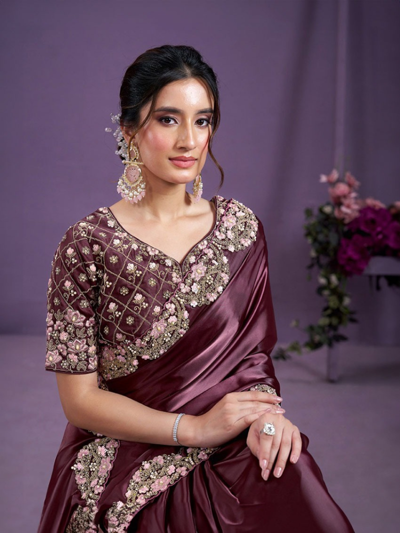 Rich Wine Crepe Satin Silk Saree