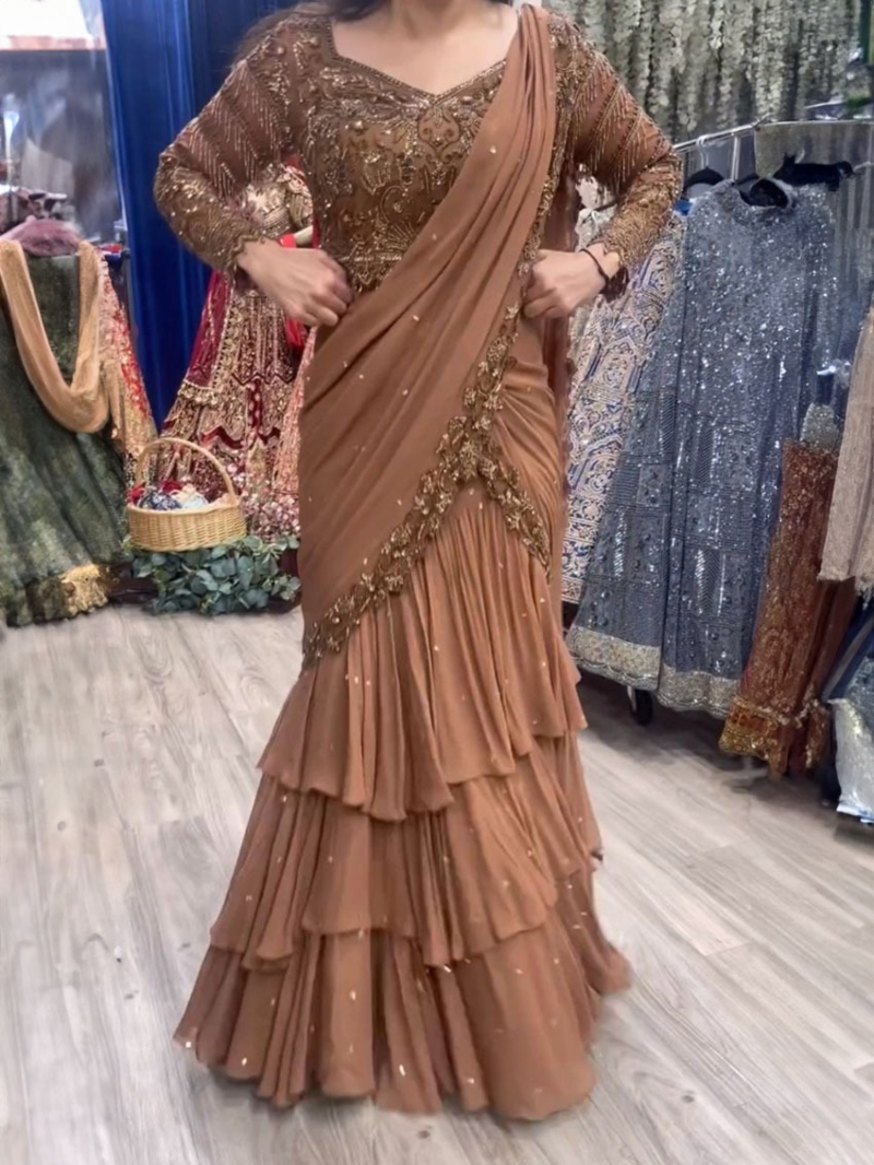Elegant Brown Faux Georgette Saree