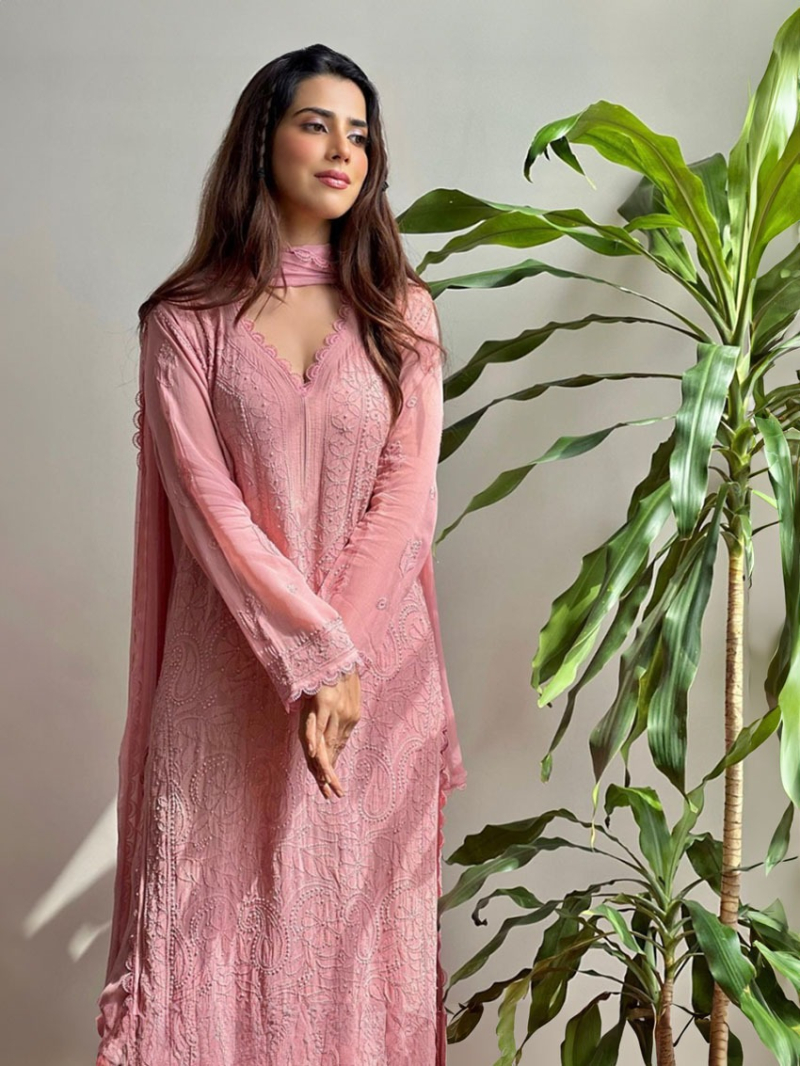 Dusty Pink Chikankari Long Salwar Kurti Plazo Suit