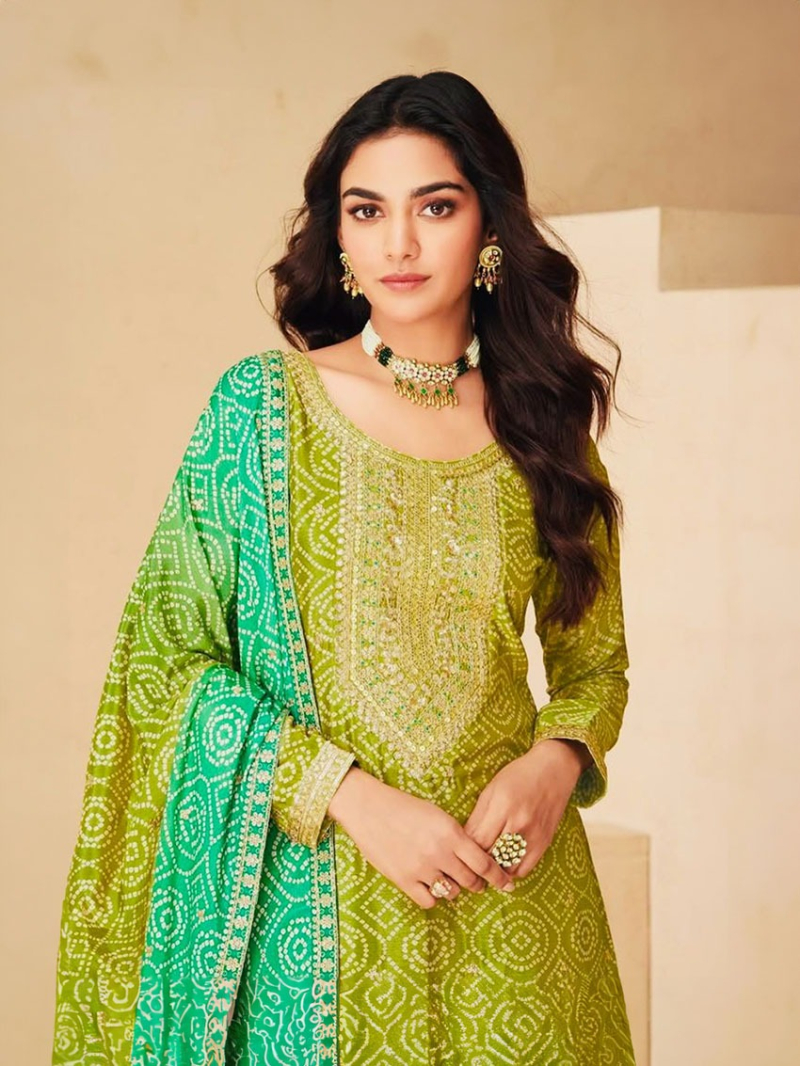Traditional Festive Lime Green & Teal Chinnon Silk Sharara Suit
