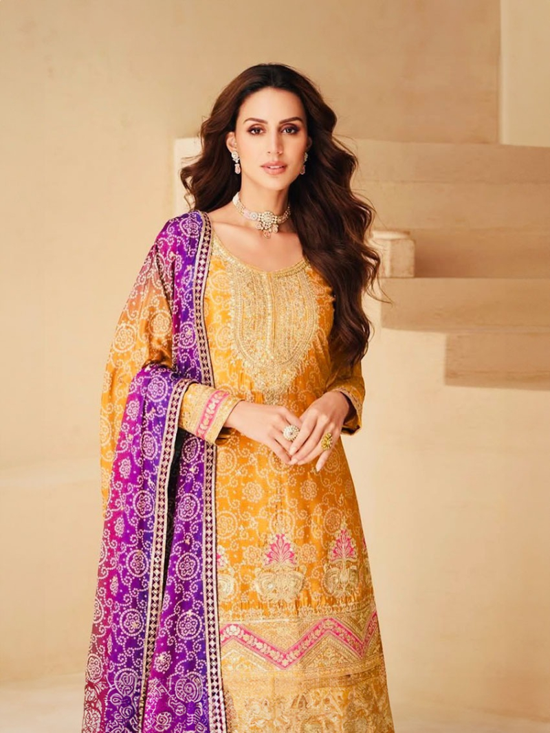 Traditional Mustard & Magenta with Multitone Chinnon Silk Sharara Set 