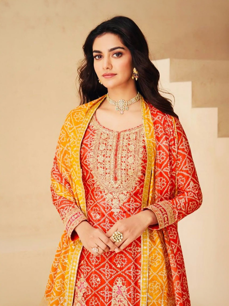 Traditional Festive Red, Orange & Yellow Chinnon Silk Sharara Suit