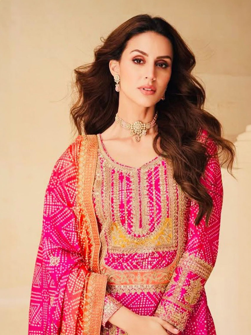 Traditional Elegant Rani Pink & Orange Multi tone Chinnon Silk Sharara Suit