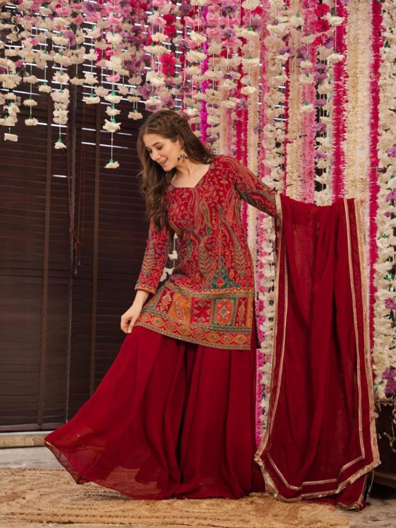 Traditional Casual Red Printed Kurta Plazo Suit  