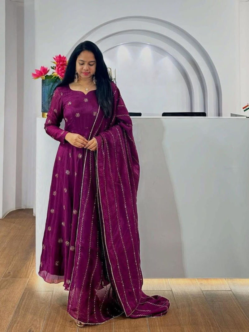 Regal Wine Chinnon  Anarkali Suit