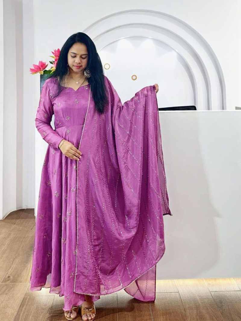 Traditional Lavender Chinnon Anarkali Suit
