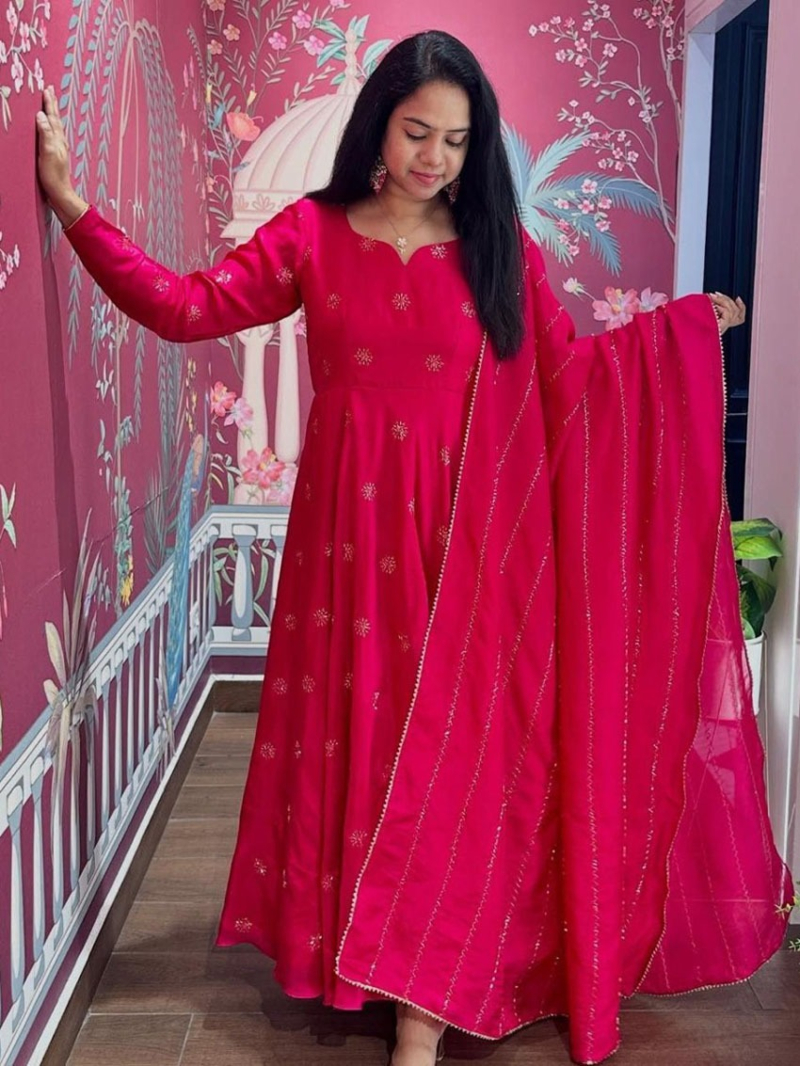 Traditional Rani Pink Chinnon Anarkali Suit