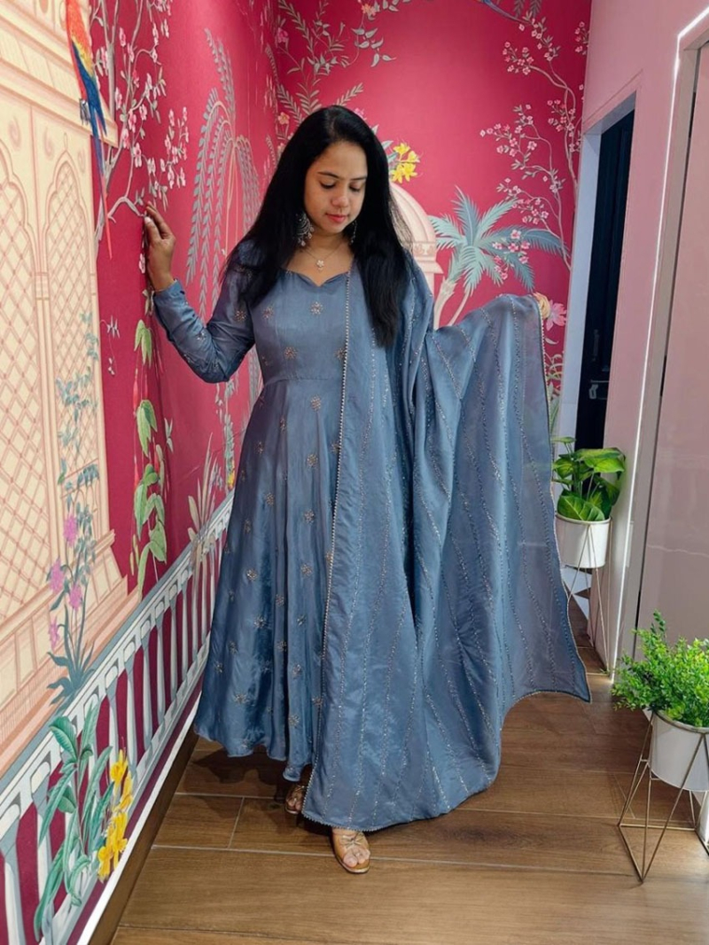 Traditional Dark Grey Chinnon Anarkali Suit 