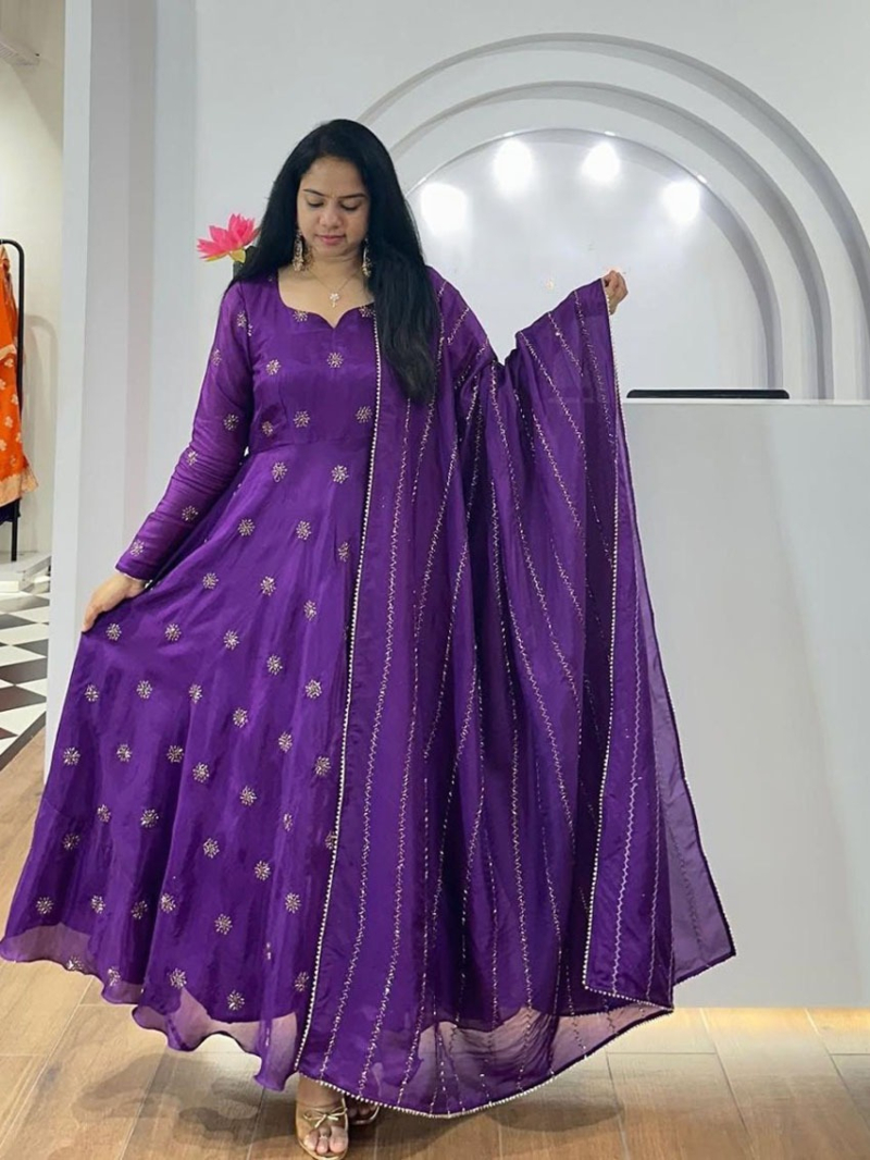 Traditional Festive Dark Purple Chinnon Anarkali Suit