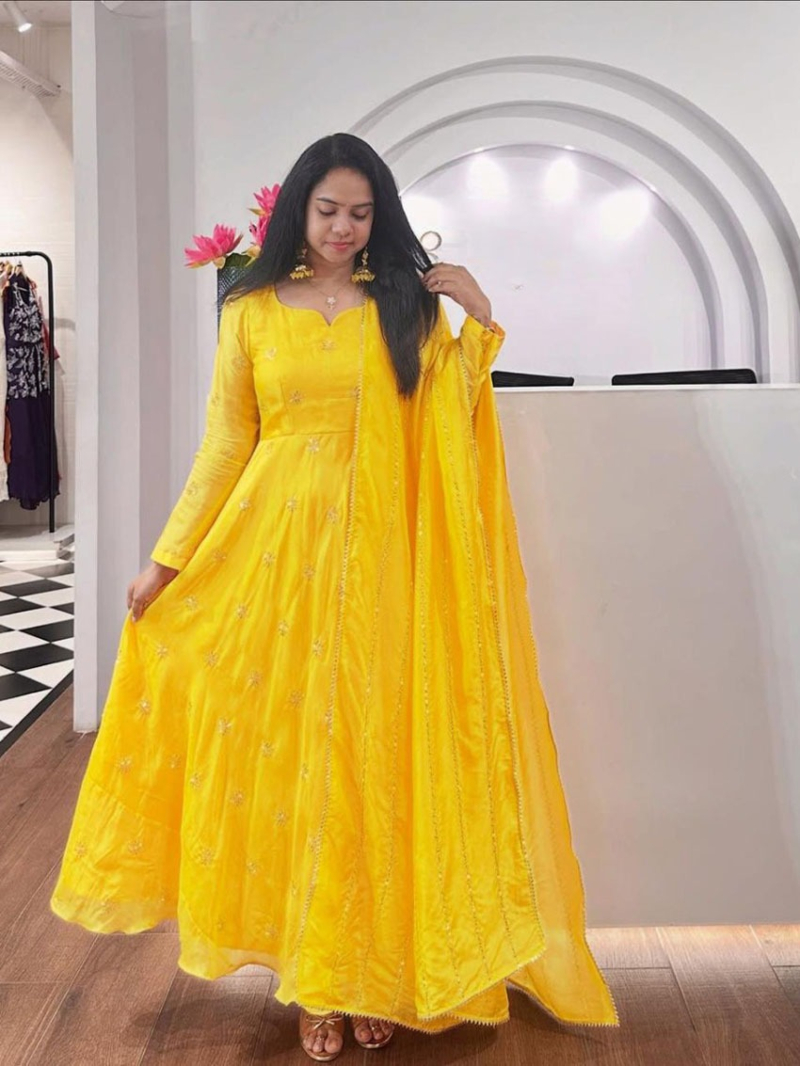 Traditional Festive Sunshine Yellow Chinnon Anarkali Suit
