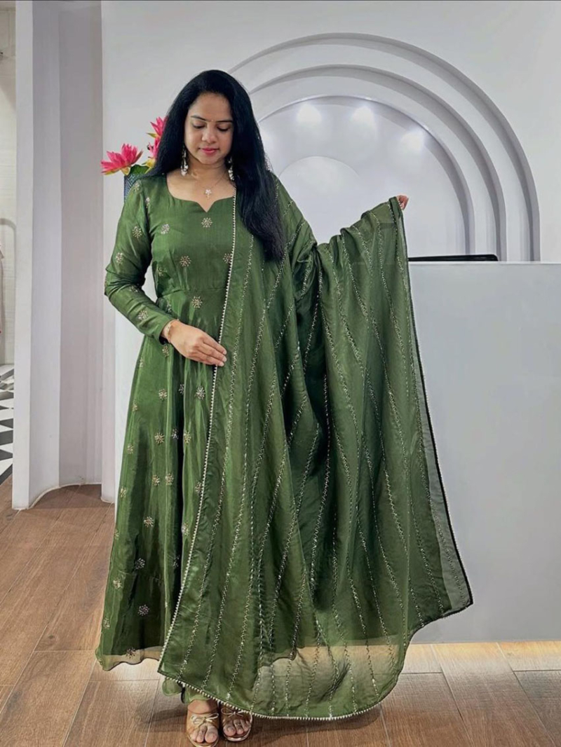 Traditional Festive Olive Green Chinnon Silk Anarkali Suit