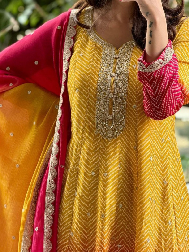 Elegant Traditional Ombre Yellow & Red Anarkali Suit 