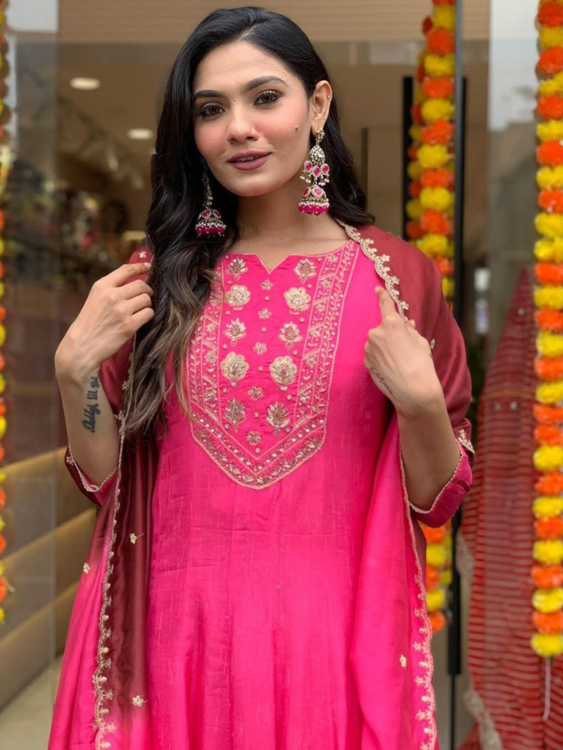 Elegant Traditional Rani Pink Chinnon Silk Anarkali Suit