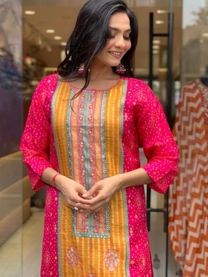 Elegant Festive Rani Pink & Mustard Modal Satin Straight Suit