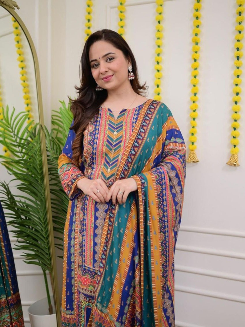 Elegant Multicolor Maslin Silk Sequin Straight Suit
