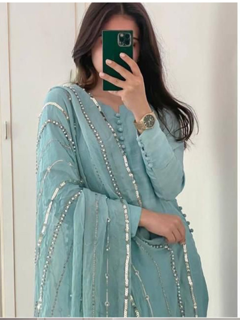 Elegant Traditional Light Blue Georgette Straight Suit