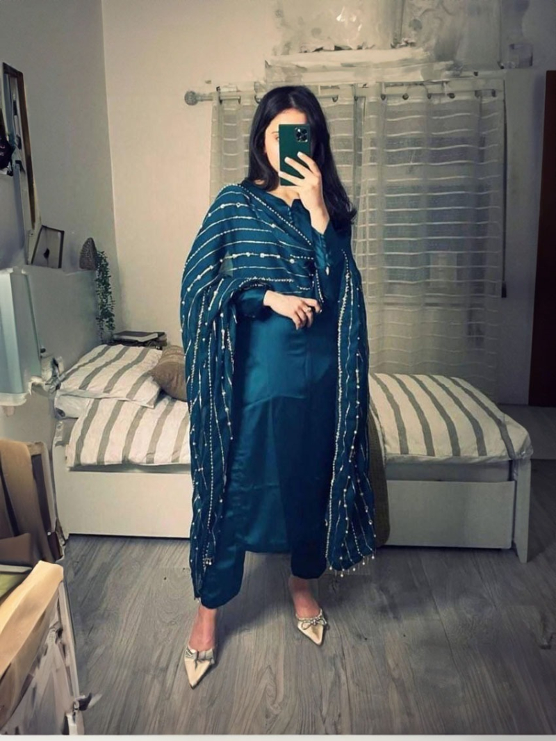 Traditional Festive Teal Blue Georgette Straight Suit