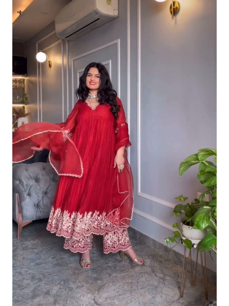 Elegant Traditional Deep Red Chinnon Silk Plazo Suit