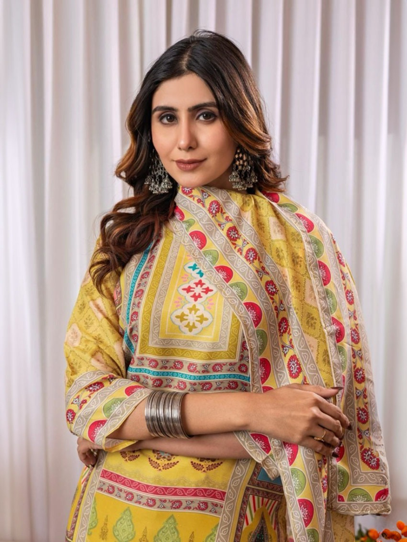 Traditional Festive Maslin  Silk Printed Straight Suit