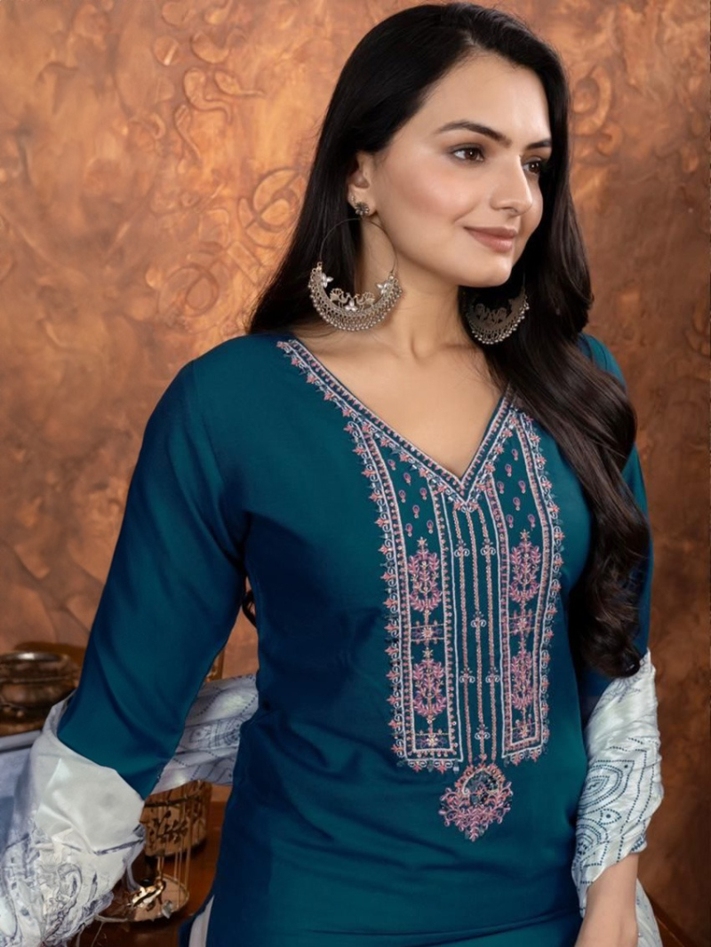 Elegant Traditional Navy Blue Kurti Pant Straight Suit