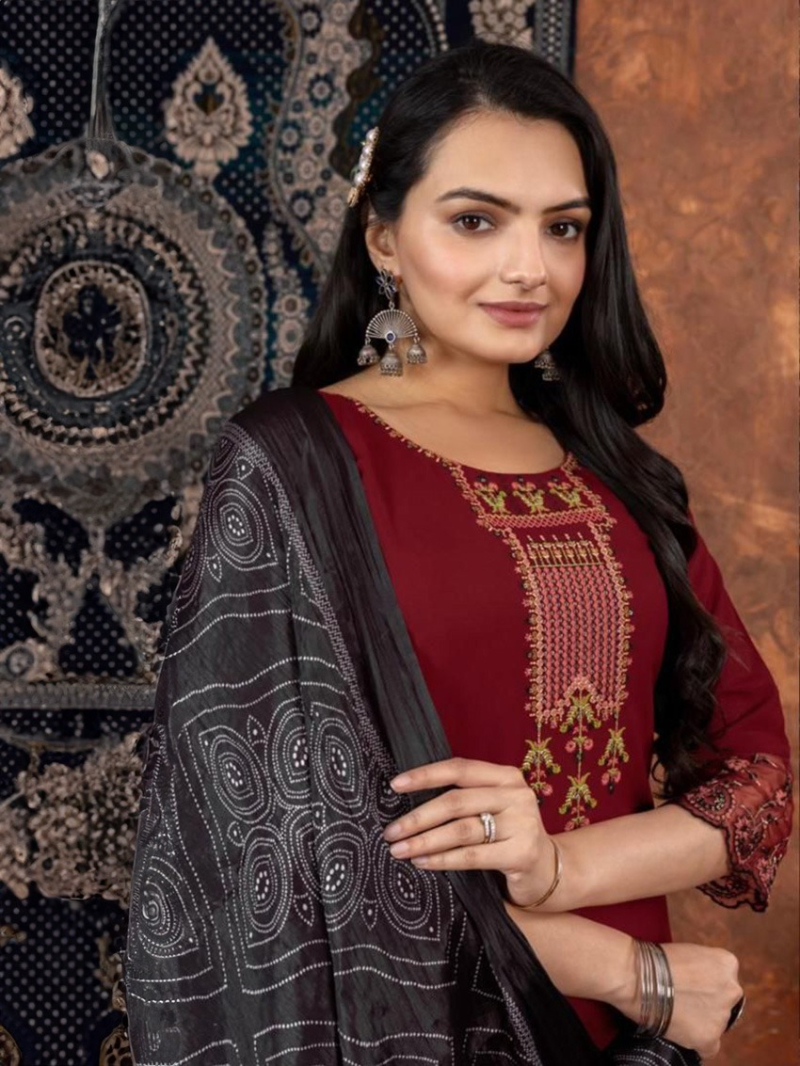 Casual Traditional Festive Maroon Kurti Pant Straight Suit