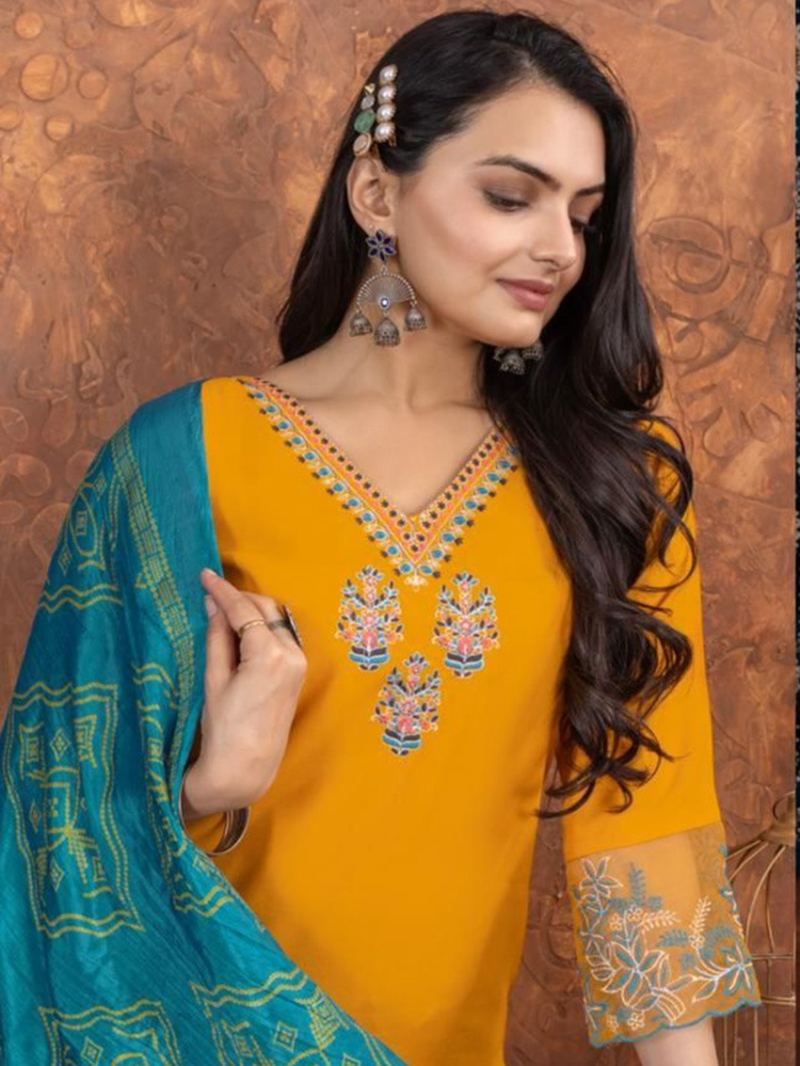 Elegant Traditional Yellow Kurti Pant Straight Suit