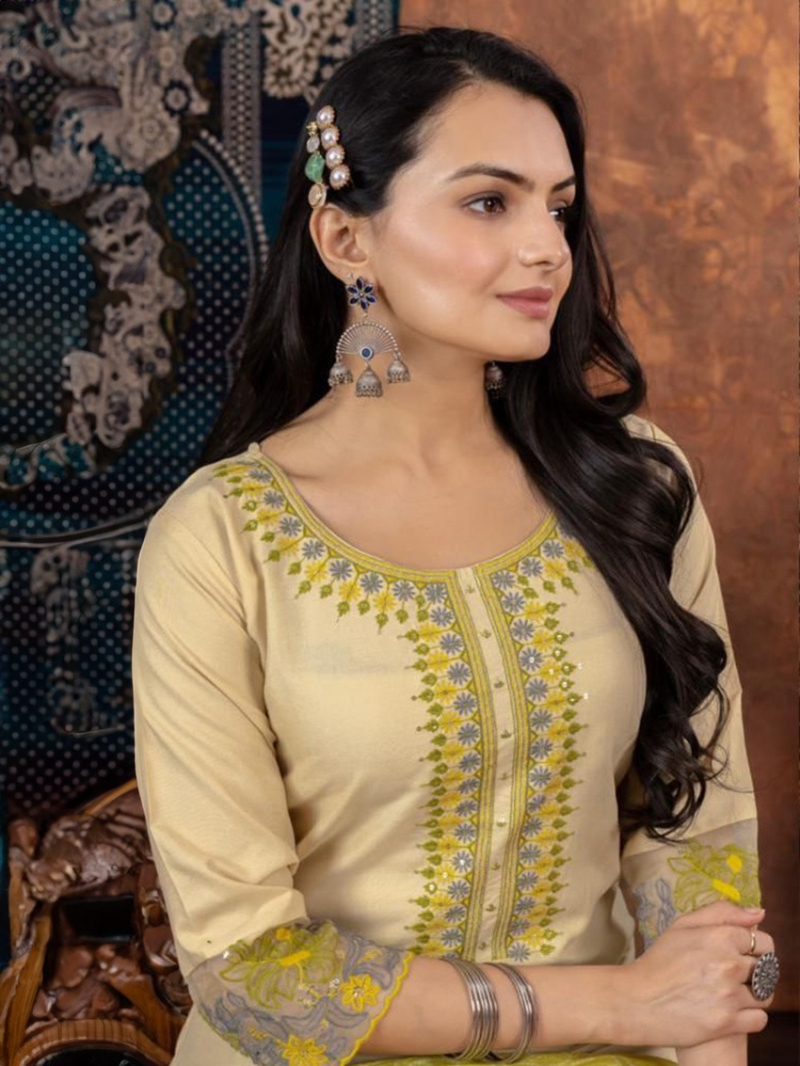 Casual Festive Cream Kurti Pant Straight Suit