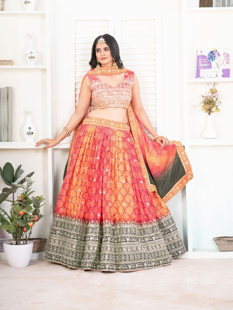 Authentic Ethnic Bright Orange-Pink Chinnon Silk Lehanga Suit