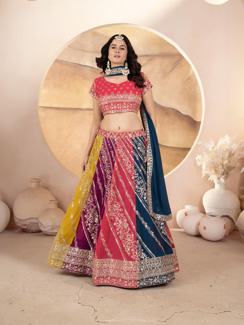 Elegant Festive Multicolor Faux Georgette Lehanga Suit