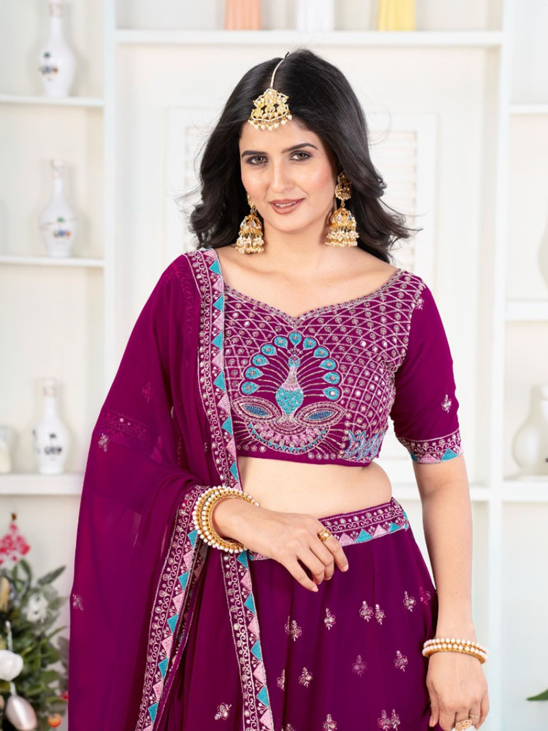 Elegant Ethnic Royal Purple Faux Georgette Lehanga Suit