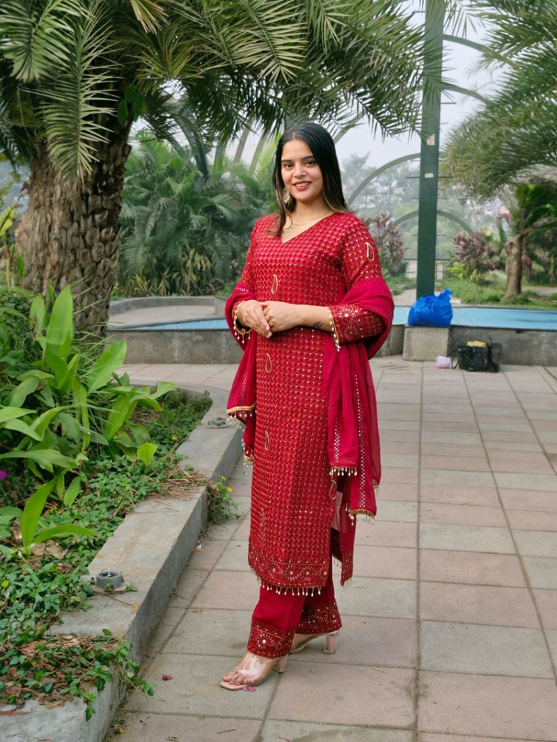 Elegant Authentic Rich Red Georgette Straight Suit