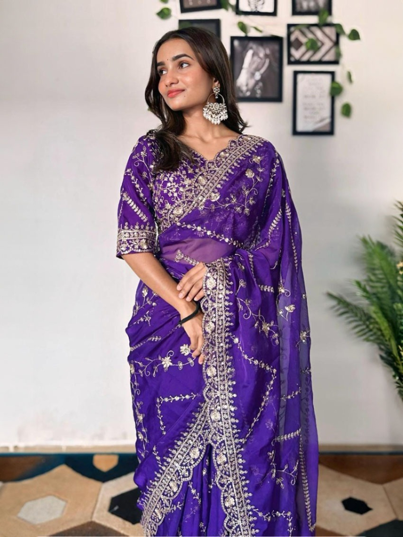 Royal Purple Tabby Organza Silk Saree