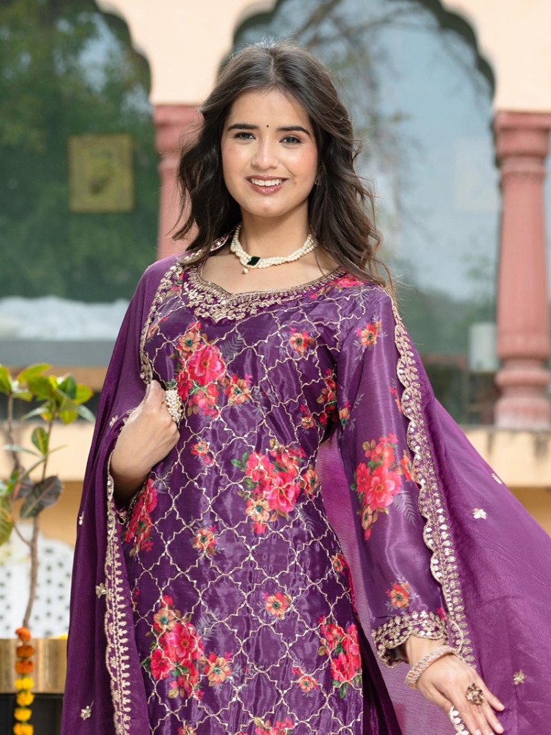 Ethnic Traditional Deep Purple Plazo Suit