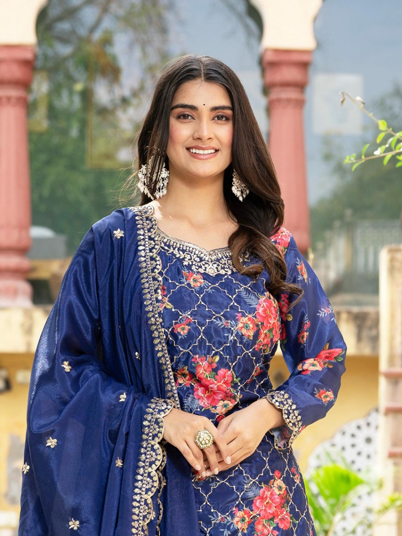 Elegant Traditional Navy Blue Plazo Suit