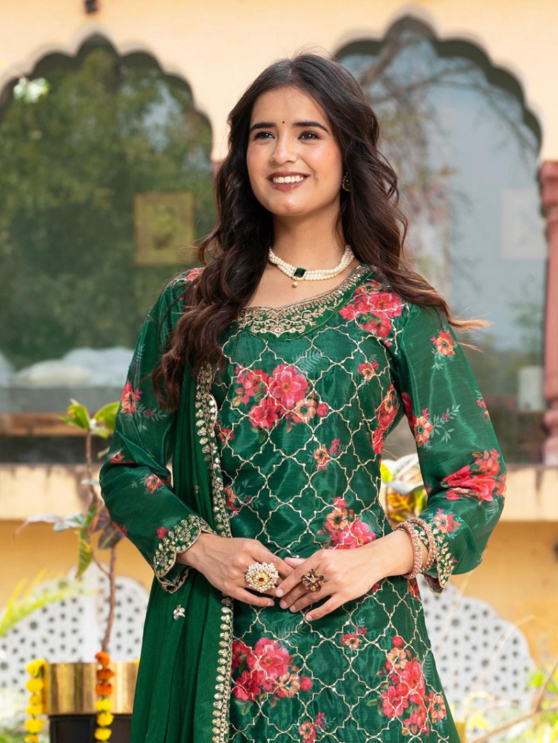 Ethnic Traditional Festive Bottle Green Plazo Suit