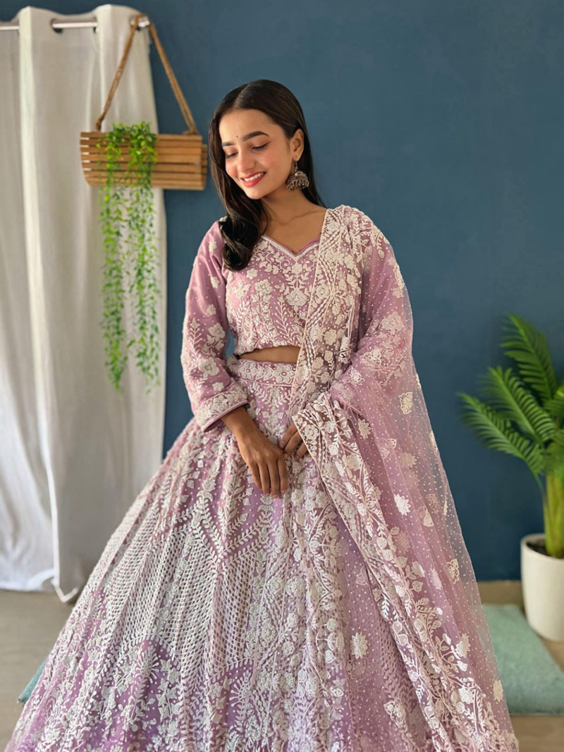 Elegant Baby Pink Mono Net Lehanga Suit