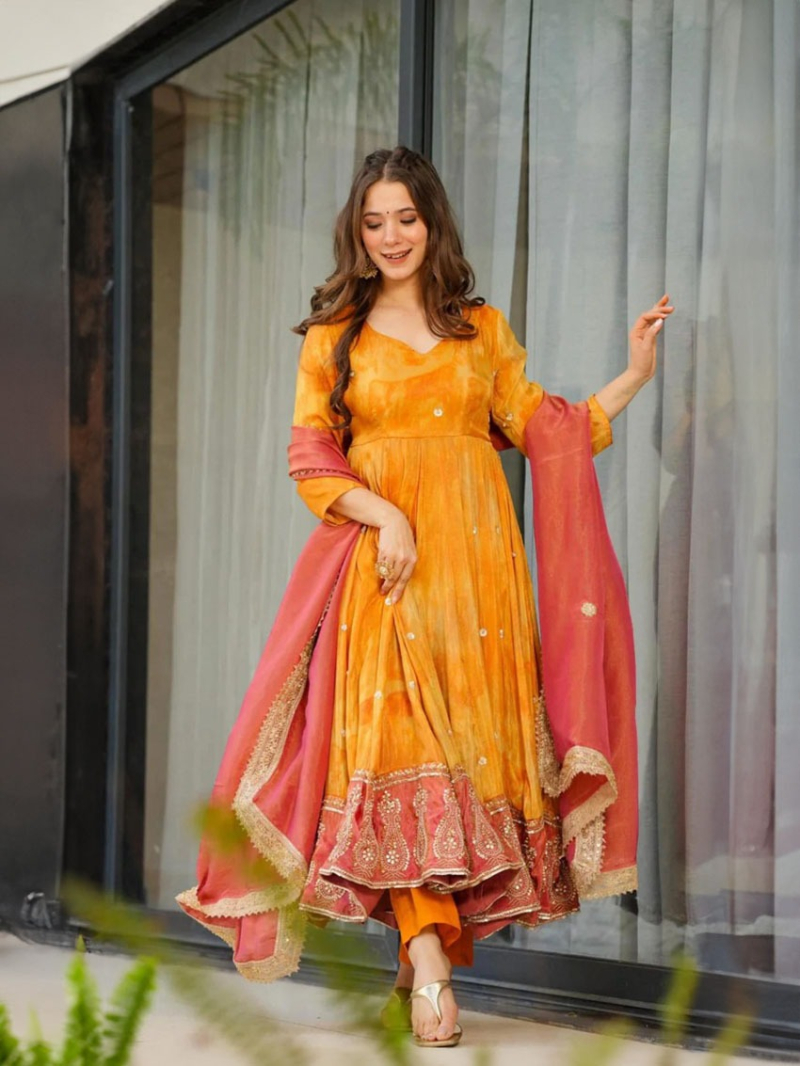 Traditional Ethnic Orange Yellow Dual tone Anarkali Suit