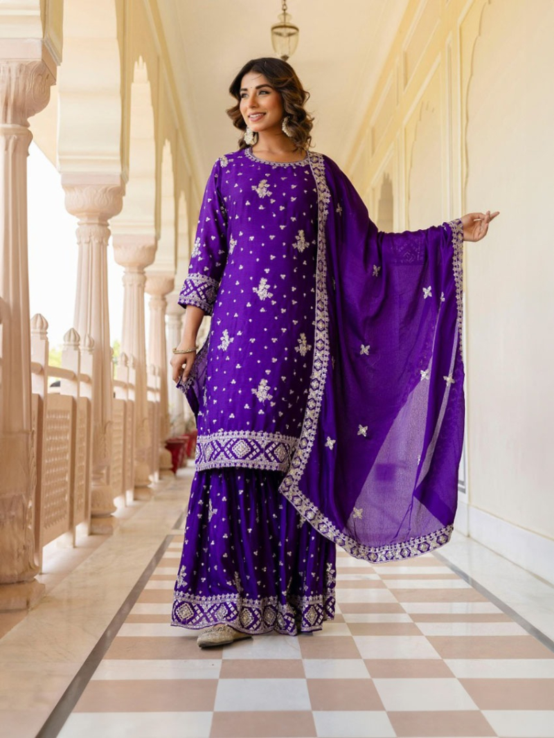 Ethnic Elegant Purple Chinnon Silk Sharara Suit