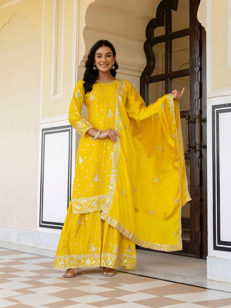 Ethnic Traditional Festive yellow Chinnon Silk Sharara Suit