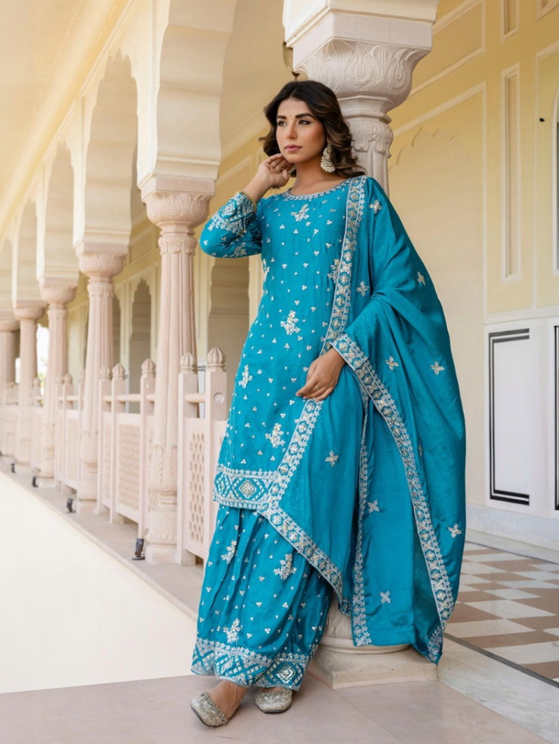 Traditional Festive Rama Green Chinnon Silk Sharara Suit