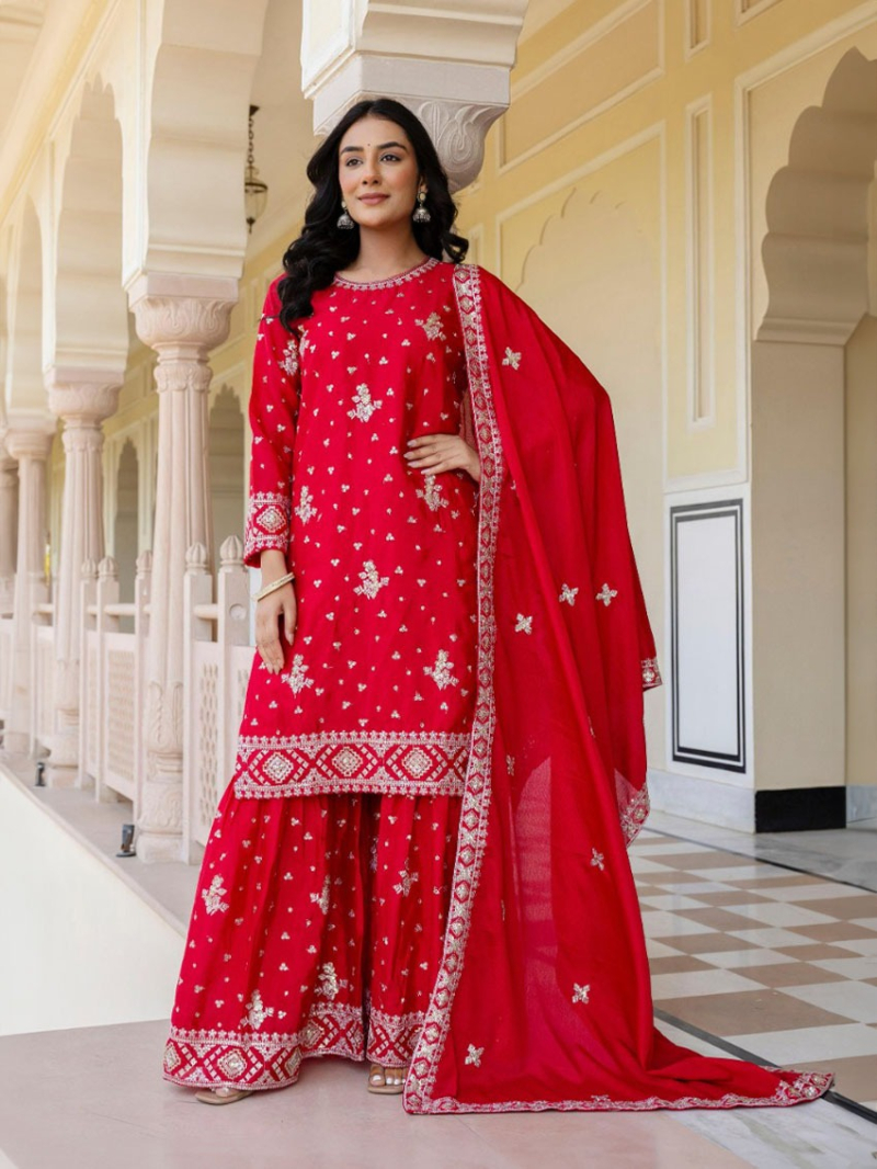 Elegant Ethnic Festive Red Chinnon Silk Sharara Suit