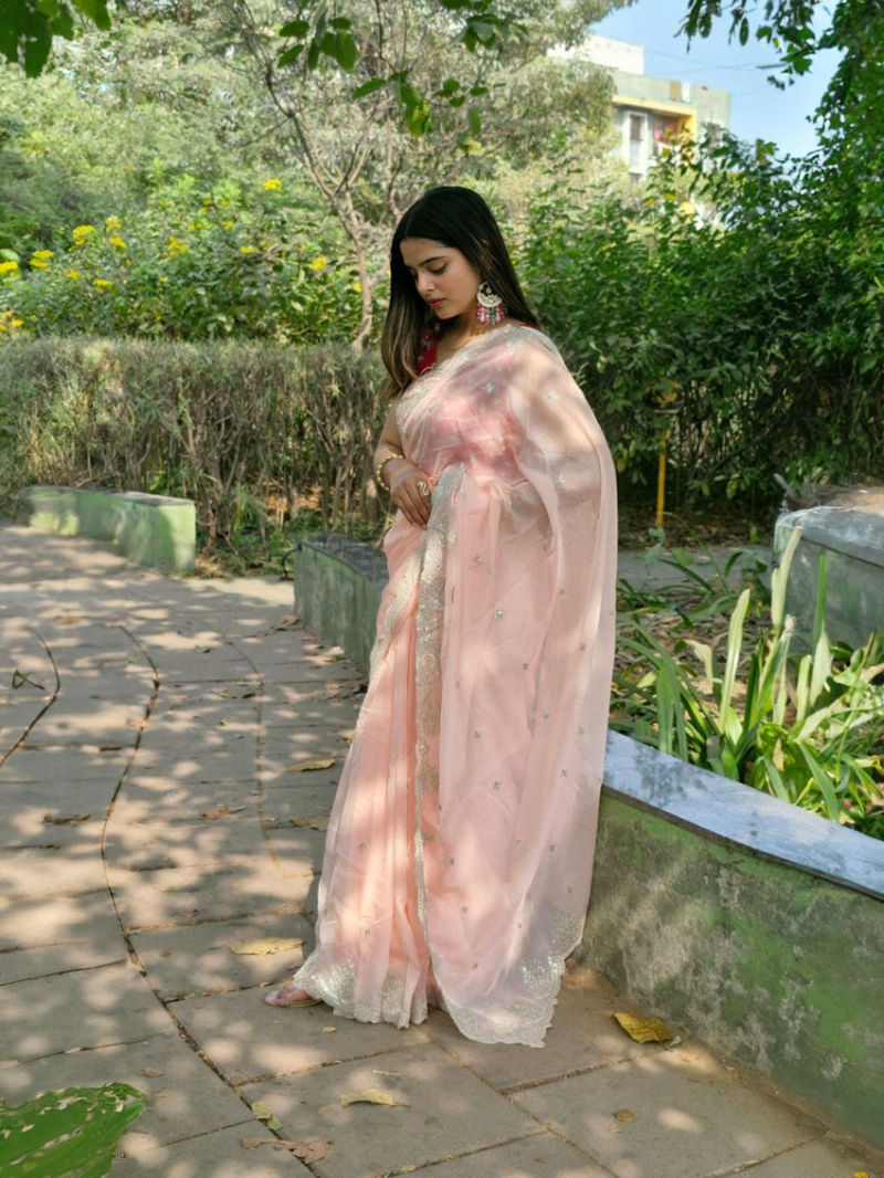 Authentic Peach Tabby Organza Silk Saree