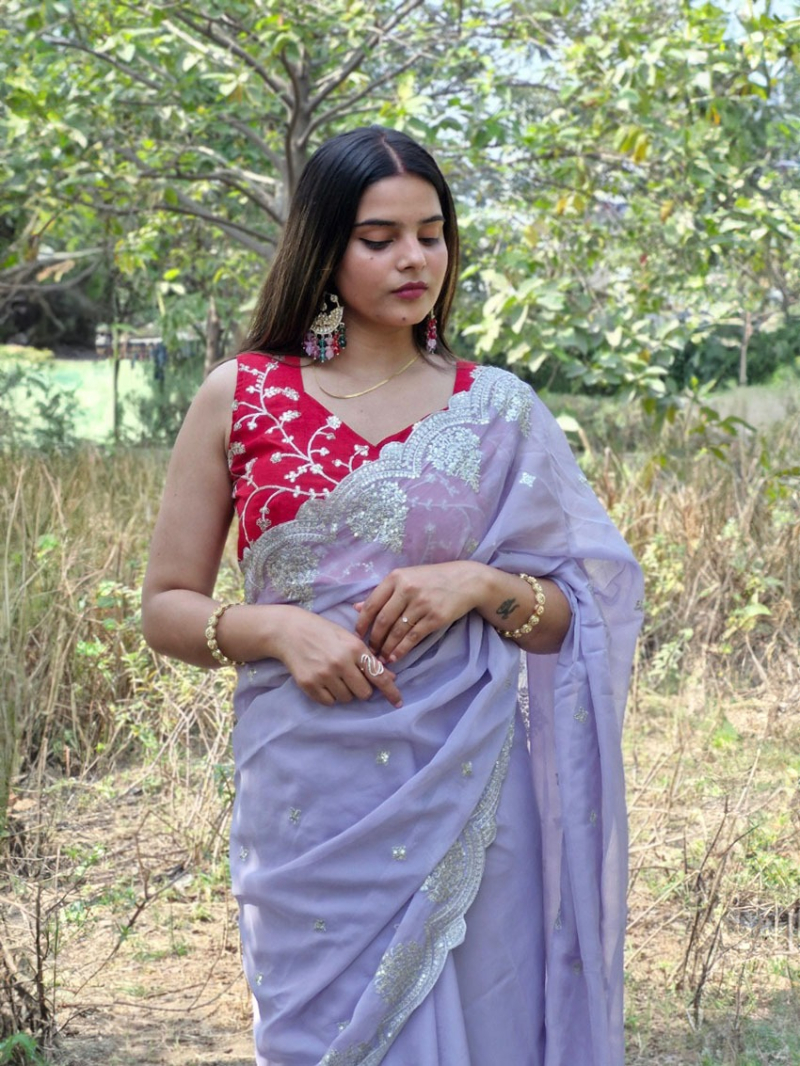 Beautiful Lavender Tabby Organza Silk Saree
