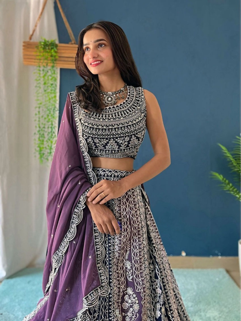 Elegant Purple & Navy Embroidered Faux Georgette Lehanga Suit