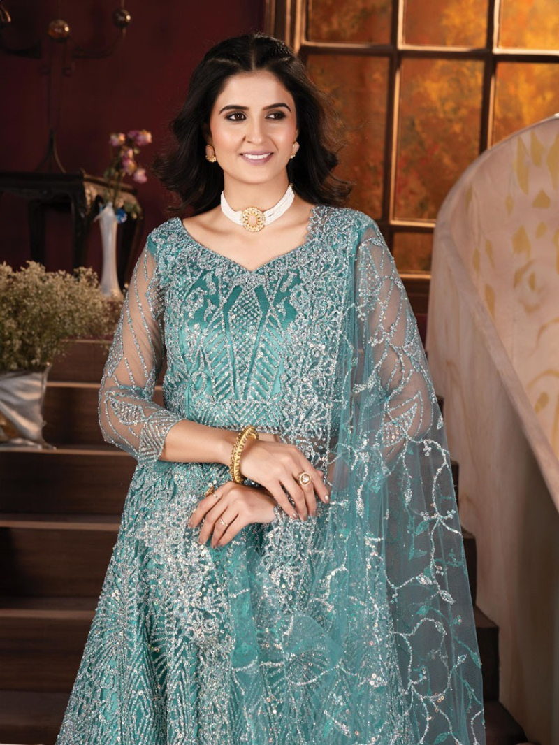 Elegant Aqua Blue Heavy Net Lehanga Suit