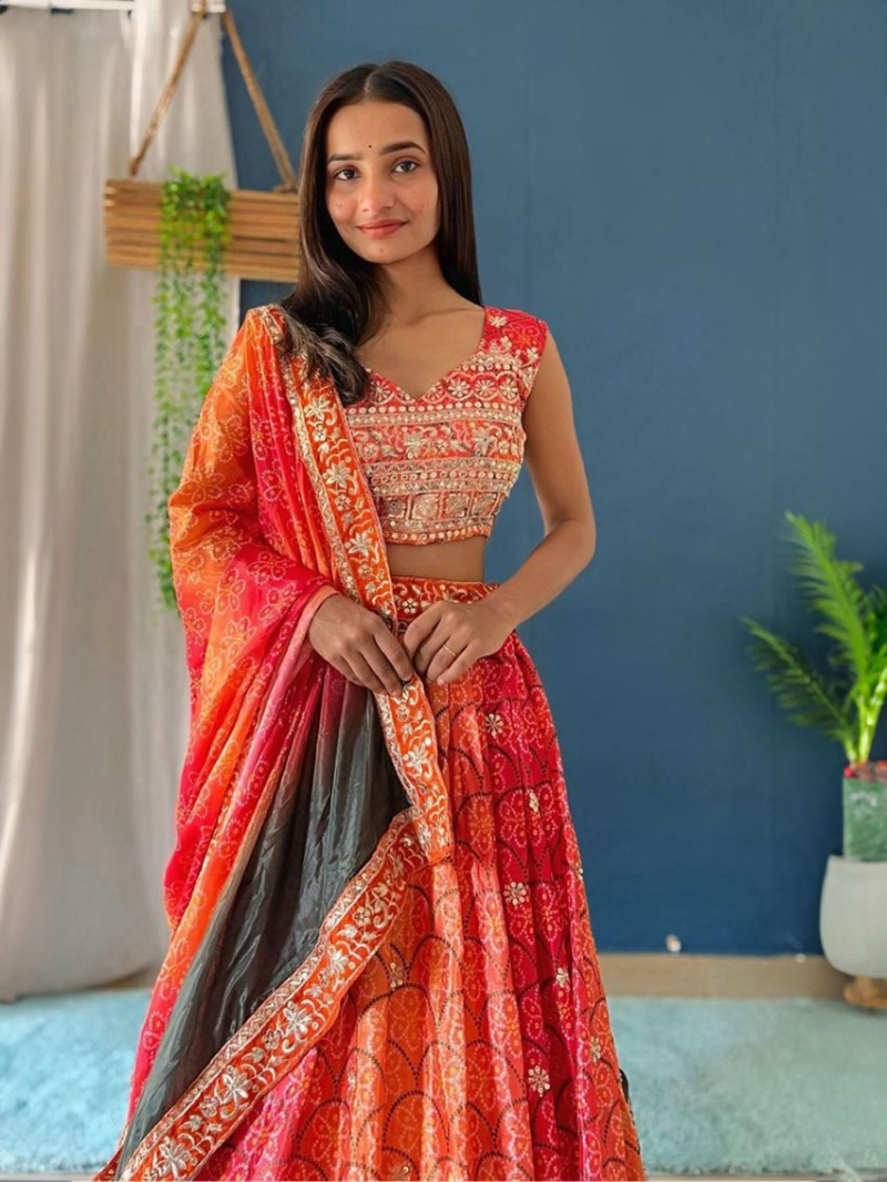 Sunset Orange Chinon Silk Lehanga Suit