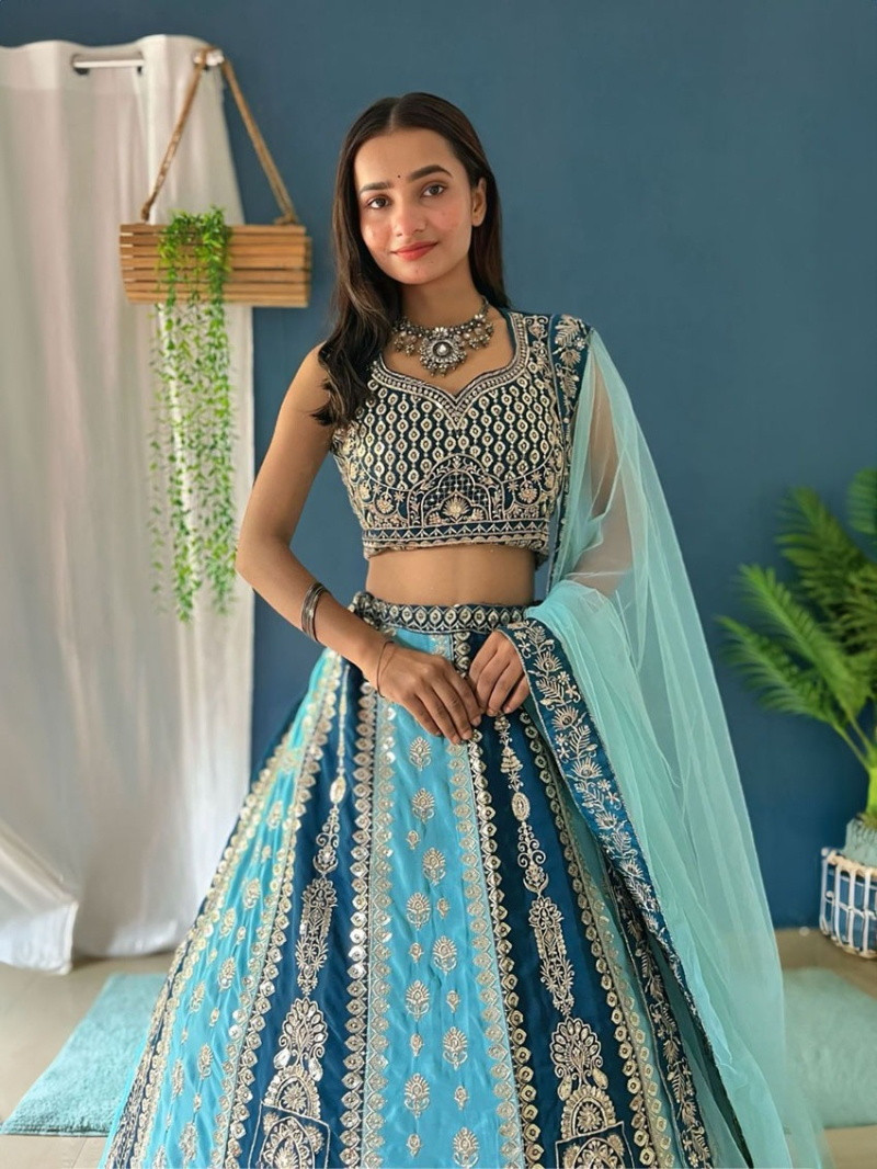 Ethnic Aqua Blue Faux Georgette Lehanga Suit