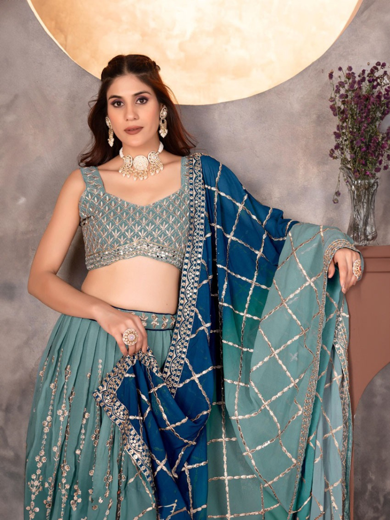 Teal & Navy Faux Georgette Lehanga Suit