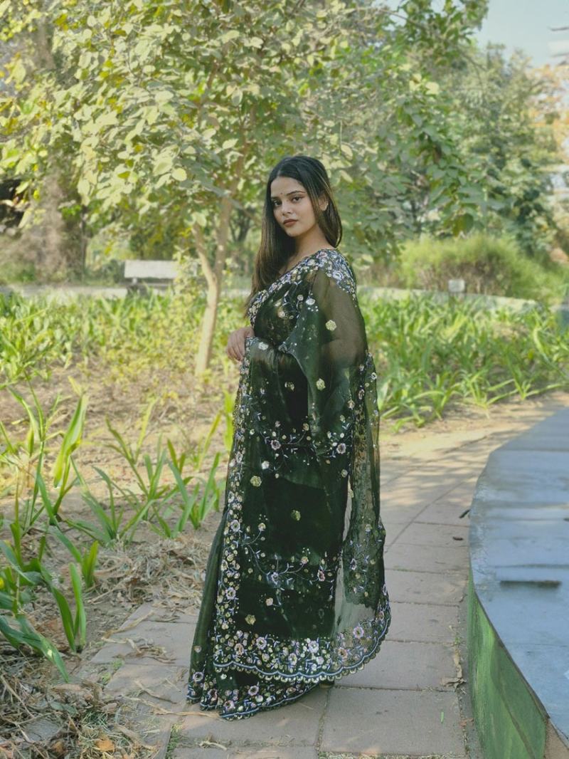 Elegant Dark Green BarBari Silk Saree