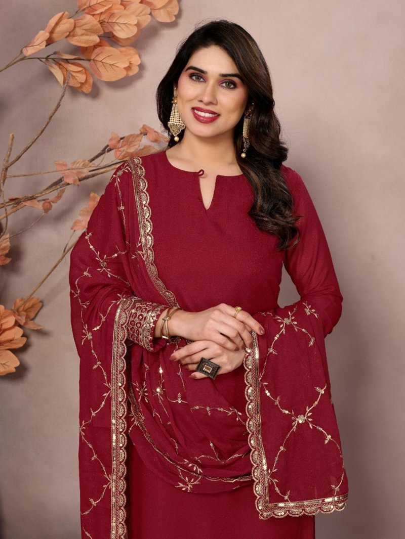 Traditional Elegant Maroon Embroidered Straight Suit
